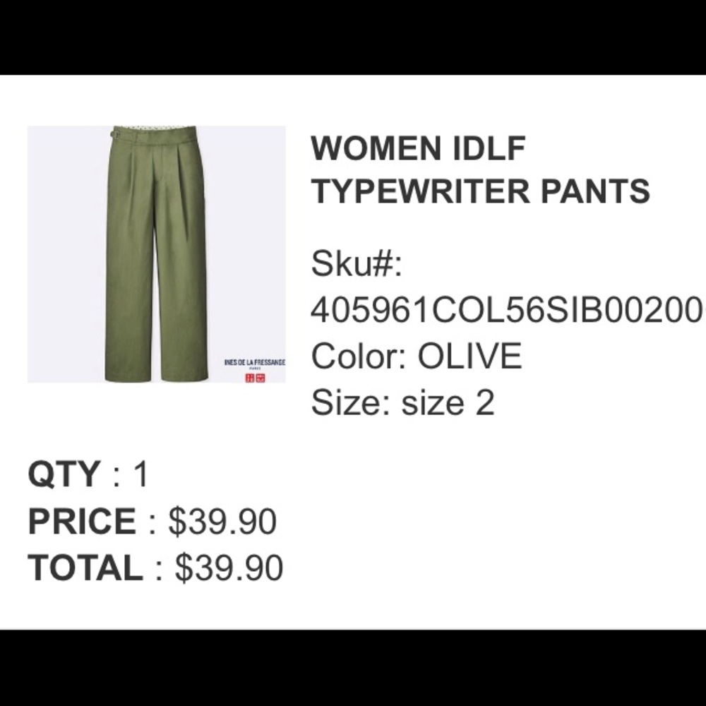 Uniqlo IDLF Typewriters Pants Olive Sz 2